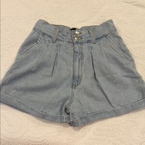 High Waist Blue Denim Shorts with Pleated Front